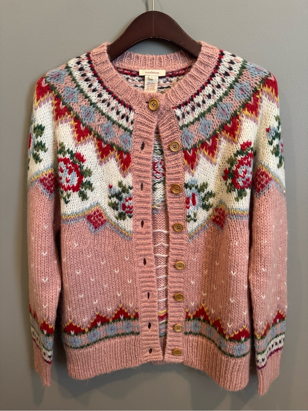 Sundance Cottage Rose Fair Isle Pink Wool Button Down Knit Cardigan Small - Picture 1 of 3